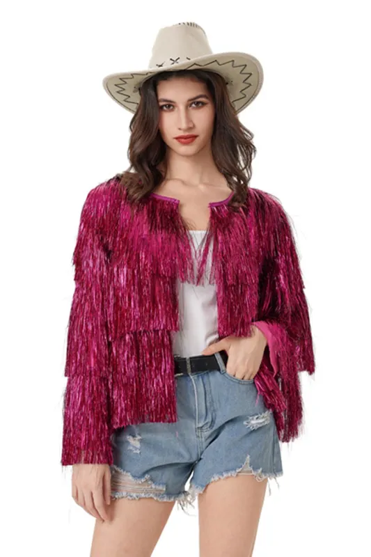Sparkly Tassel Fringe Fuchsia Women Coat sold by Zapaka