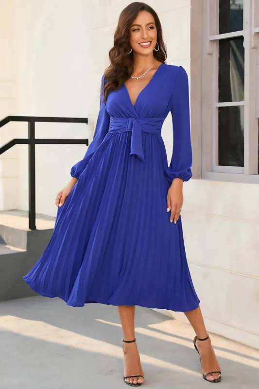 A Line V Neck Royal Blue Wedding Guest Party Dress with Belt sold by Zapaka