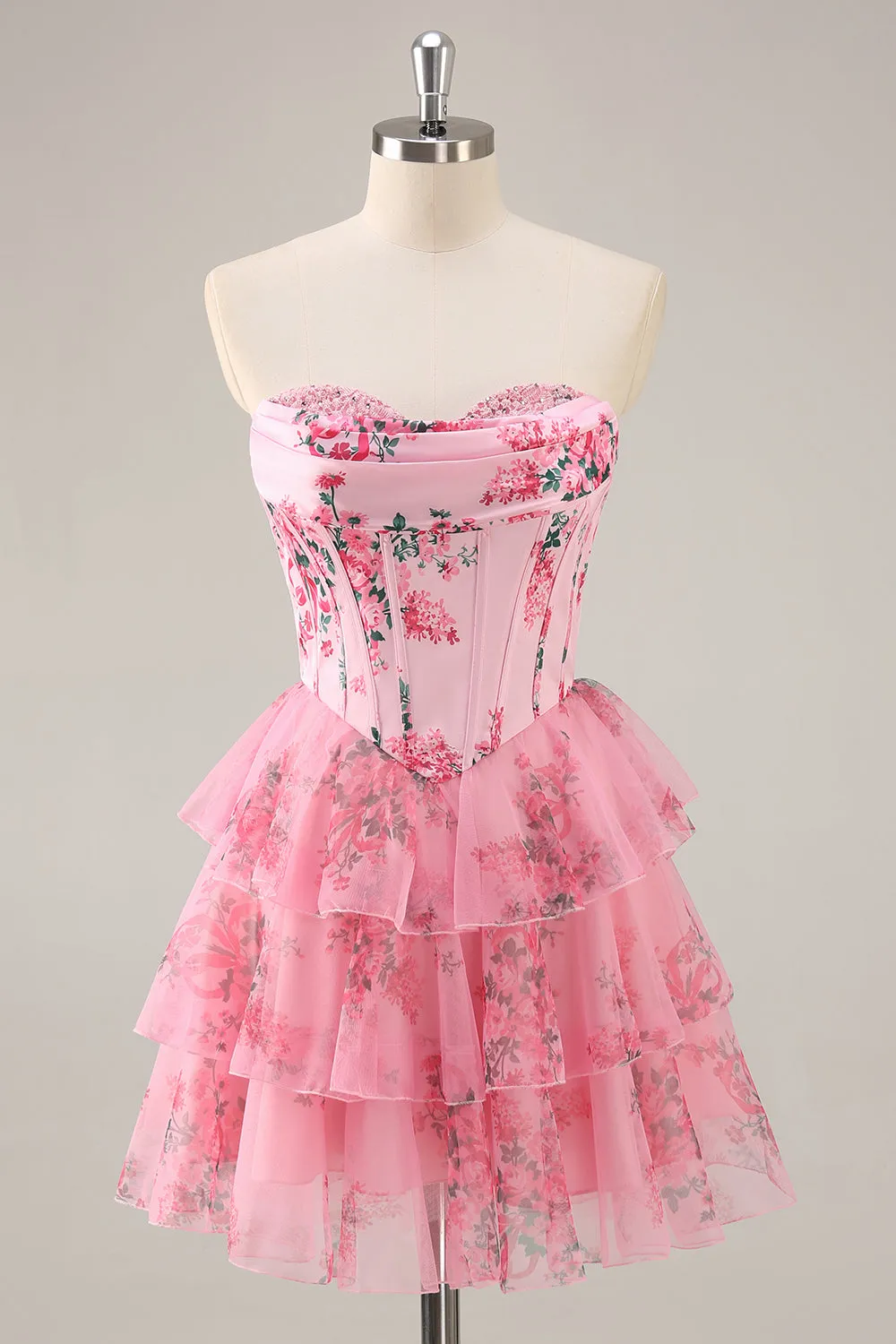 Strapless A-Line Pink Floral Print Corset Tiered Short Homecoming Dress sold by Zapaka product image thumbnail 3