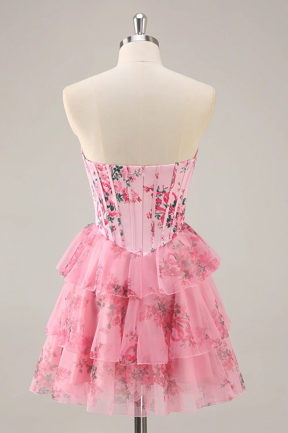 Strapless A-Line Pink Floral Print Corset Tiered Short Homecoming Dress sold by Zapaka product image thumbnail 4