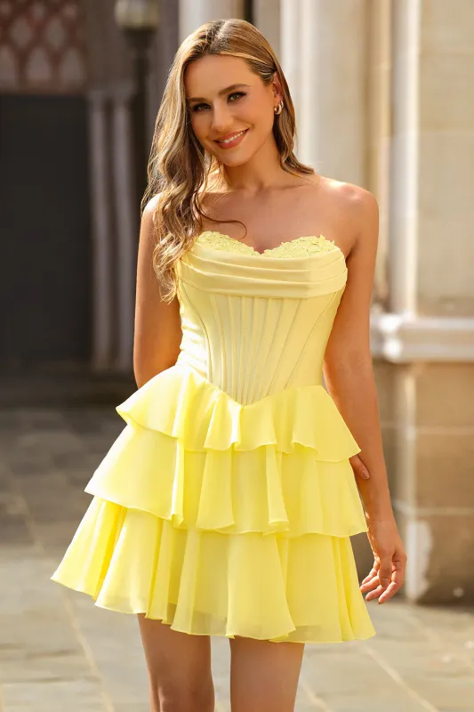 Strapless Yellow Corset A Line Tiered Short Homecoming Dress sold by Zapaka