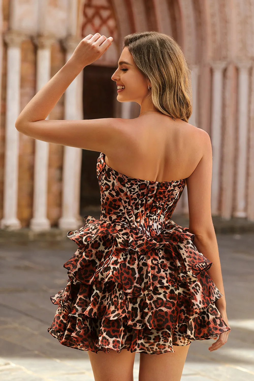 Strapless Leopard Tiered A Line Corset Short Homecoming Dress with Ruffles sold by Zapaka product image thumbnail 2