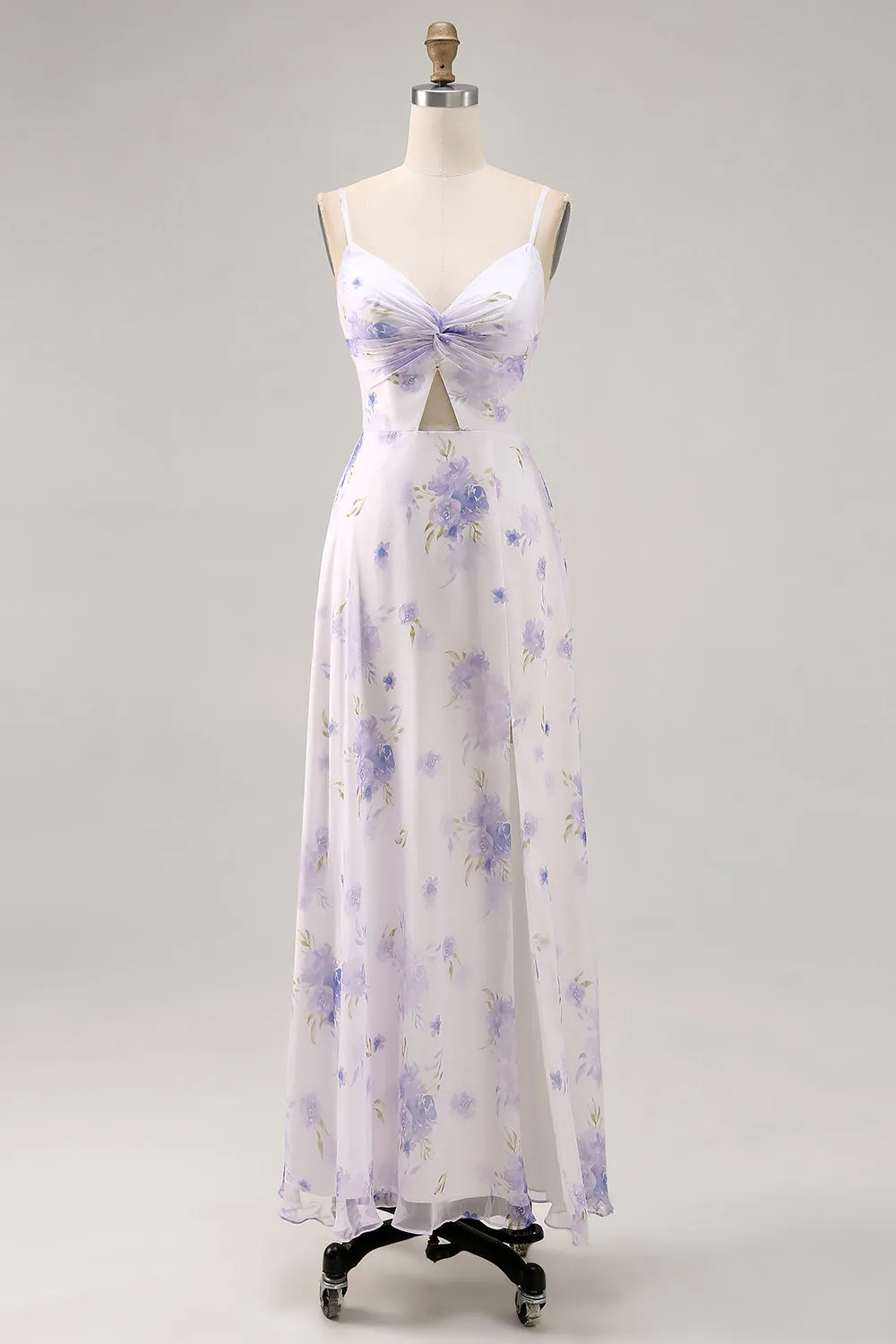 Lavender Flower Spaghetti Straps Cut Out Wedding Guest Dress with Slit sold by Zapaka