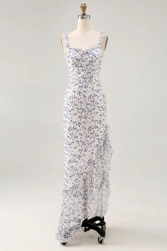 Floral Ruffled Printed Sheath Blue Asymmetrical Wedding Guest Dress sold by Zapaka