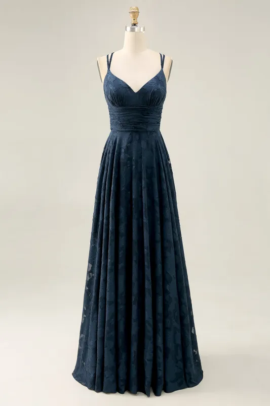 Floral A Line Navy Printed Long Wedding Guest Dress sold by Zapaka