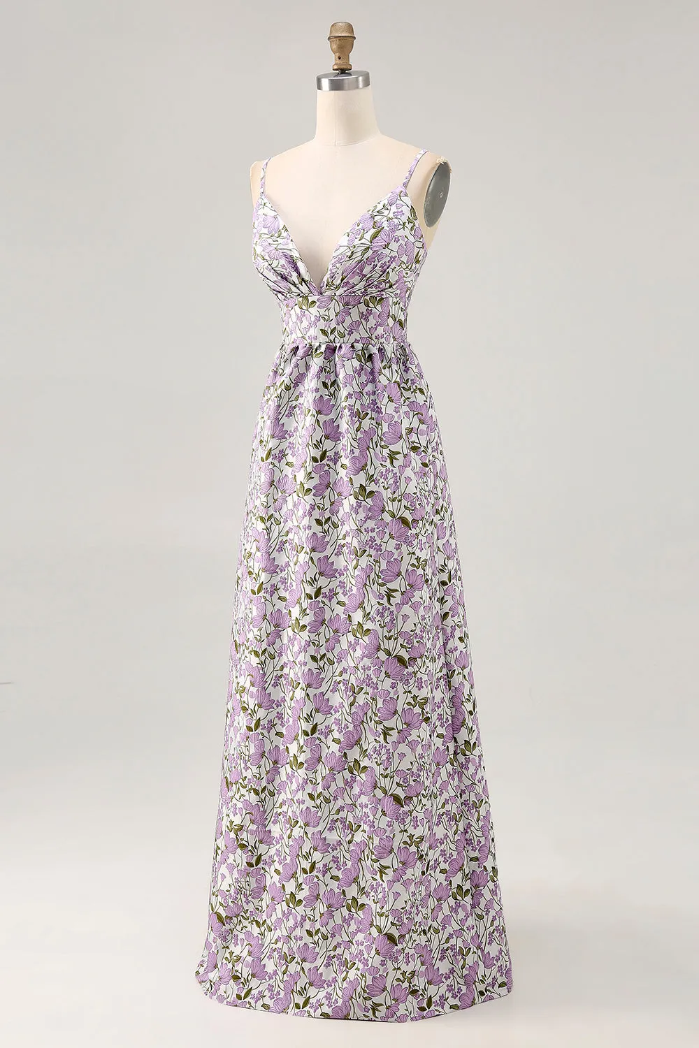 Purple Flower A Line Printed Spaghetti Straps Wedding Guest Dress sold by Zapaka product image thumbnail 3