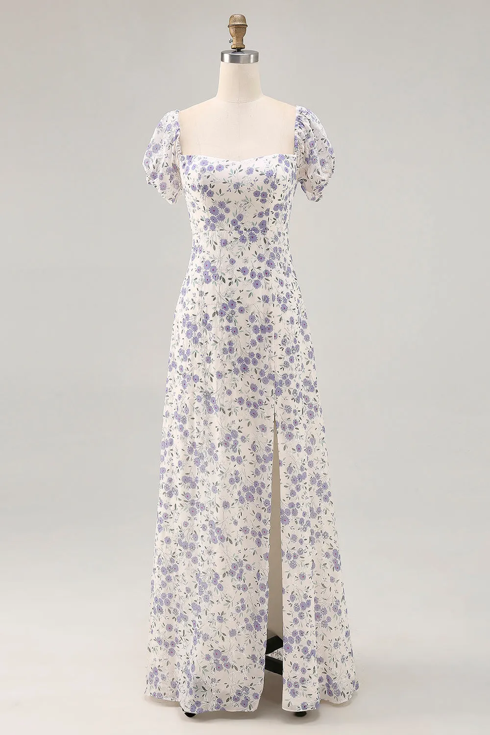 A Line Printed Blue Flower Long Wedding Guest Dress with Slit sold by Zapaka