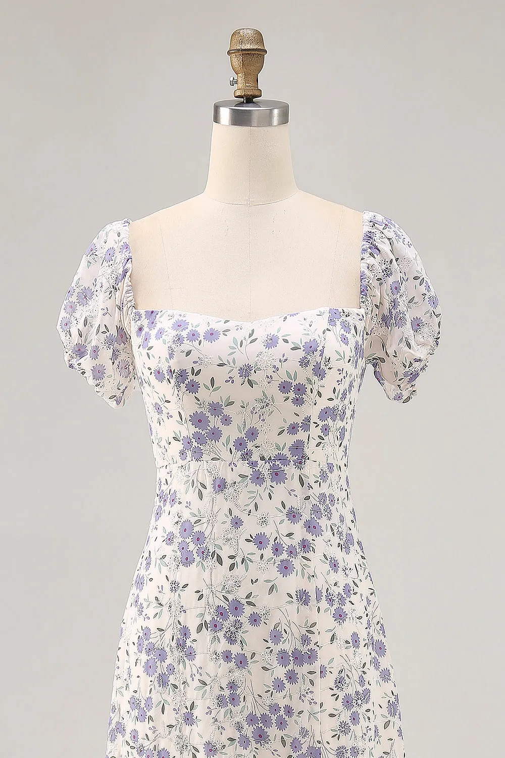 A Line Printed Blue Flower Long Wedding Guest Dress with Slit sold by Zapaka product image thumbnail 5