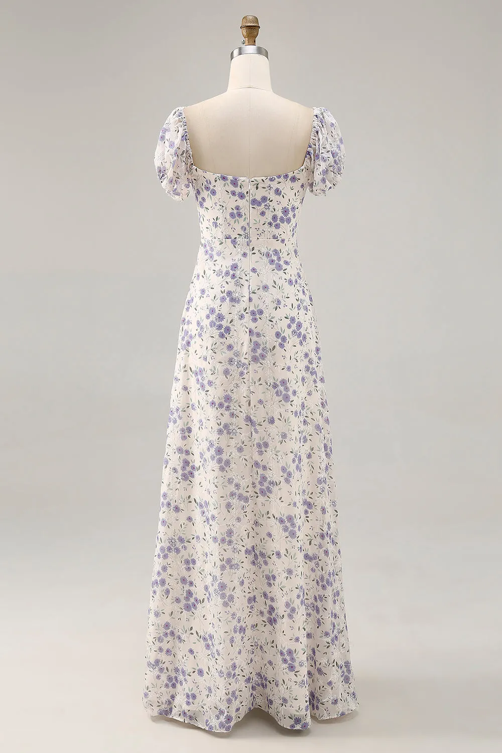 A Line Printed Blue Flower Long Wedding Guest Dress with Slit sold by Zapaka product image thumbnail 2