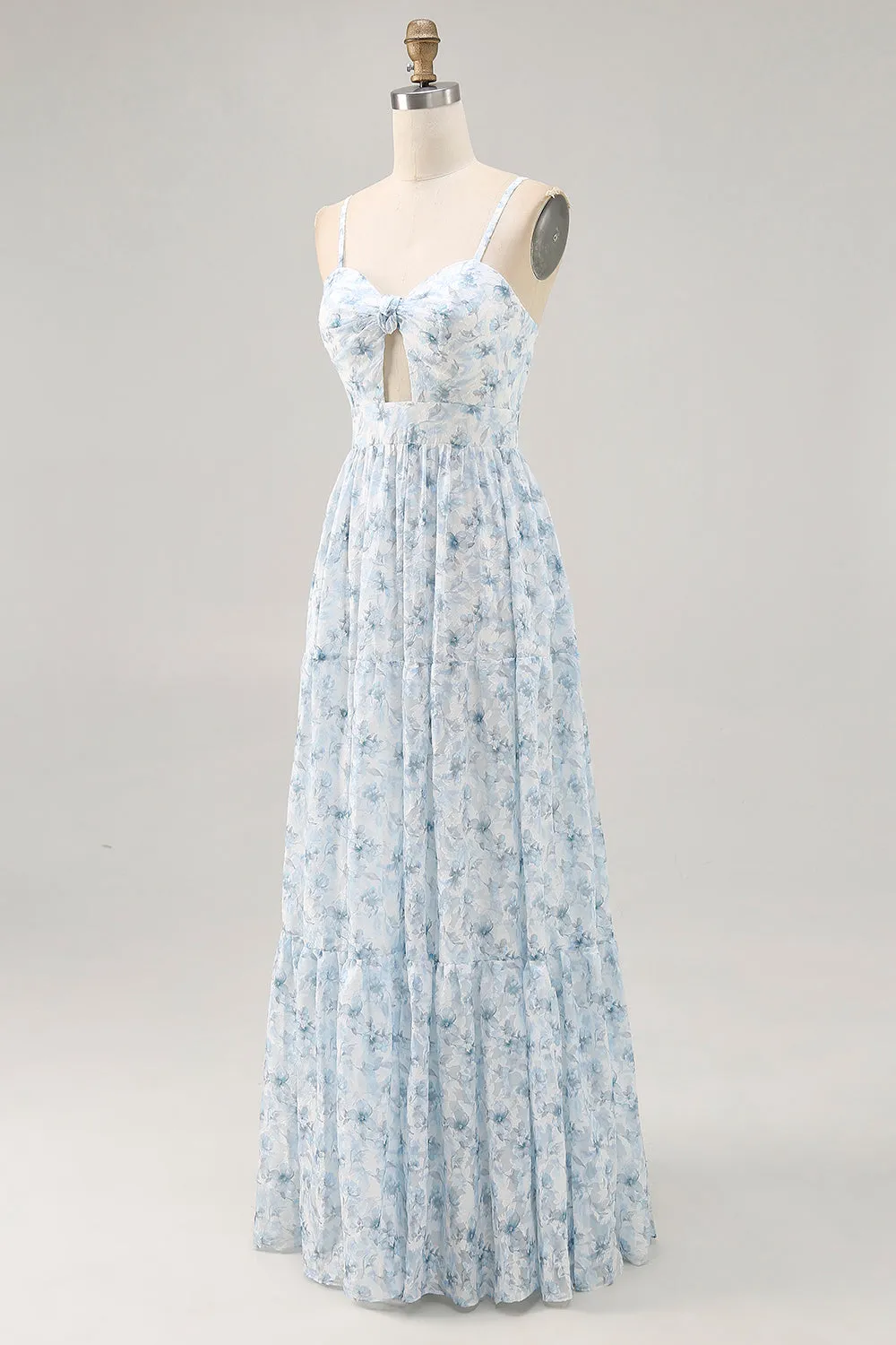 Blue Printed Floral Spaghetti Straps Cut Out Wedding Guest Dress sold by Zapaka product image thumbnail 3