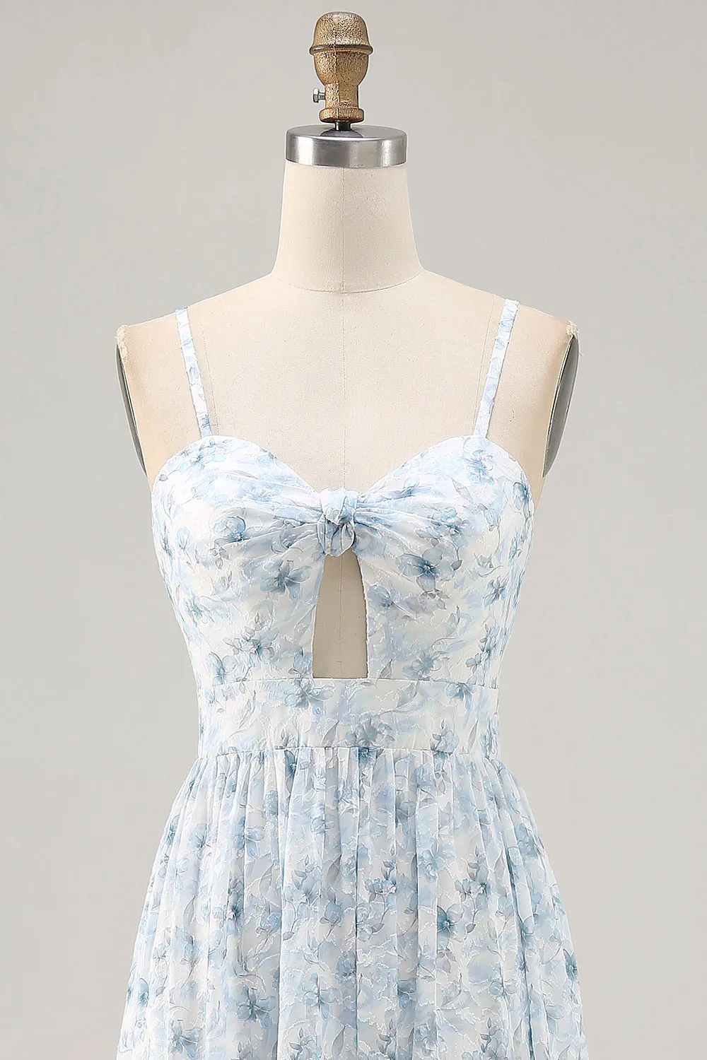 Blue Printed Floral Spaghetti Straps Cut Out Wedding Guest Dress sold by Zapaka product image thumbnail 4