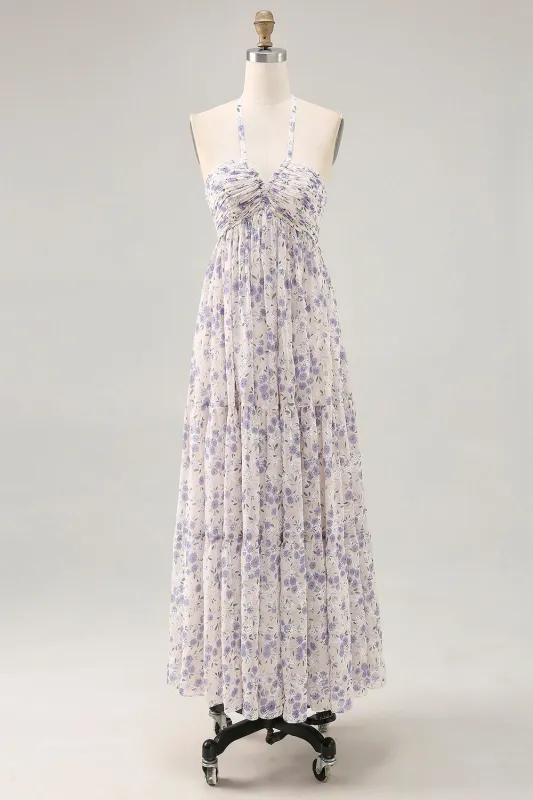 Floral Ruched A Line Blue Halter Long Wedding Guest Dress sold by Zapaka
