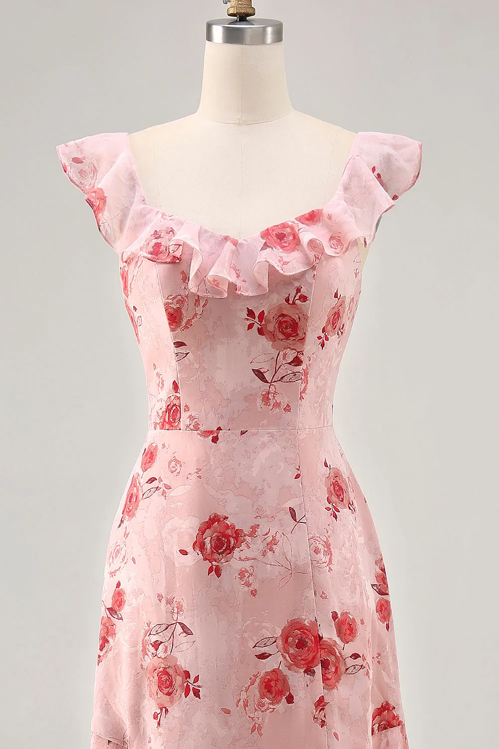 Printed Pink Flower A Line Ruffled Wedding Guest Dress sold by Zapaka product image thumbnail 4