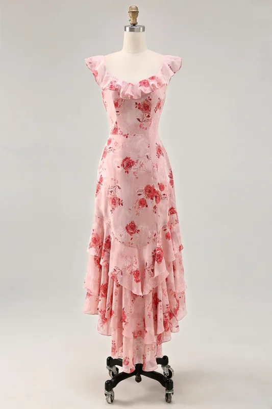 Printed Pink Flower A Line Ruffled Wedding Guest Dress sold by Zapaka