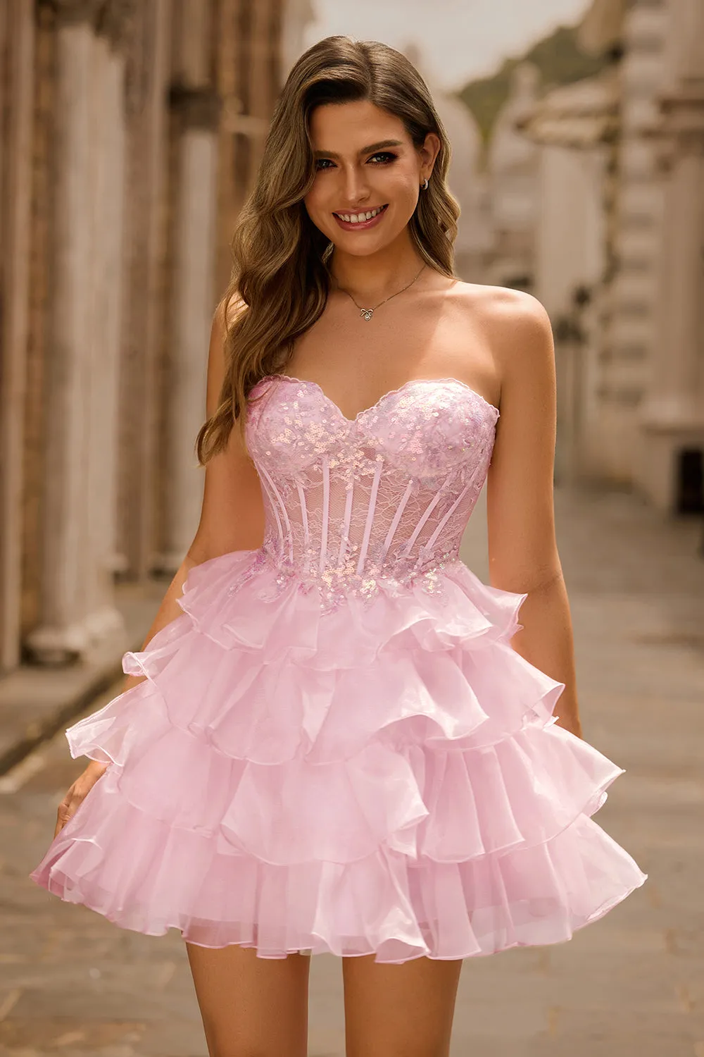 Pink Tiered Sequins Strapless Corset Mini Homecoming Dress sold by Zapaka product image thumbnail 4