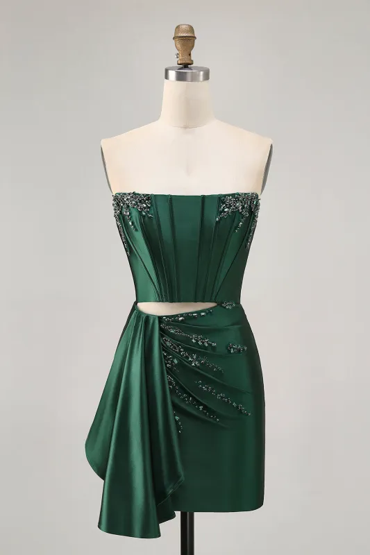 Corset Dark Green Strapless Beaded Bodycon Homecoming Dress sold by Zapaka