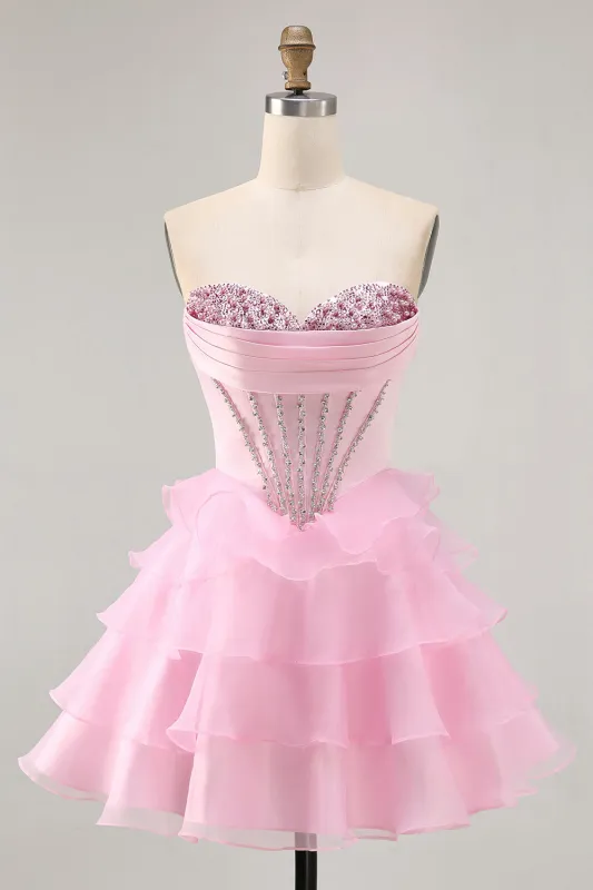 Tiered Beaded A Line Strapless Short Pink Homecoming Dress sold by Zapaka