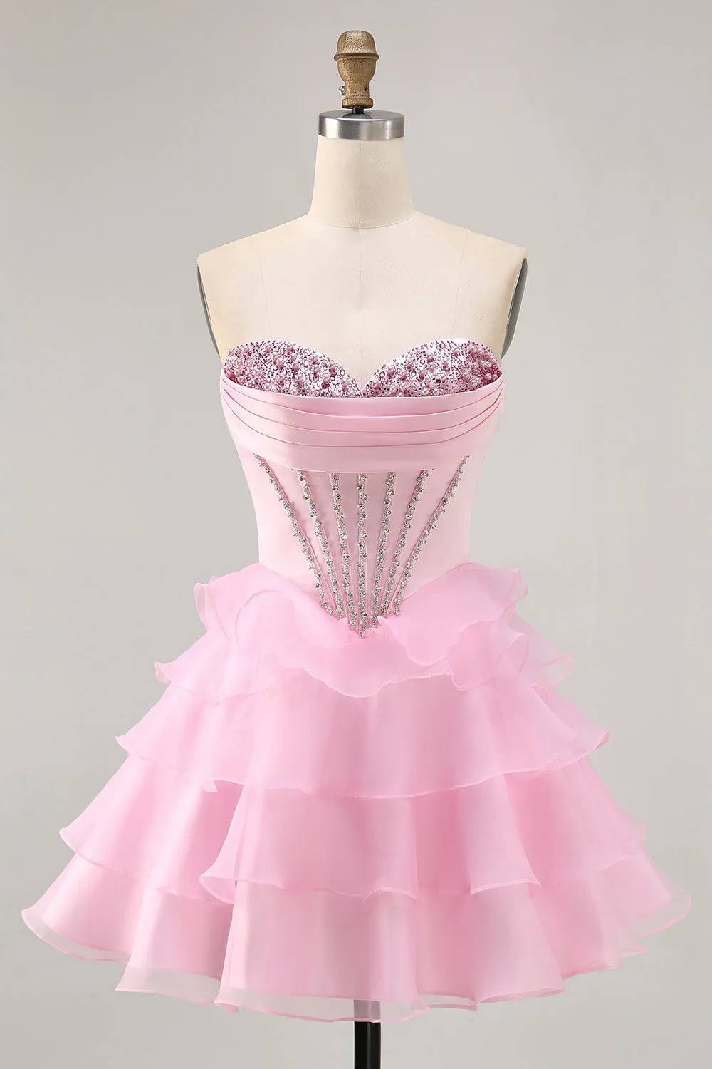 Tiered Beaded A Line Strapless Short Pink Homecoming Dress sold by Zapaka