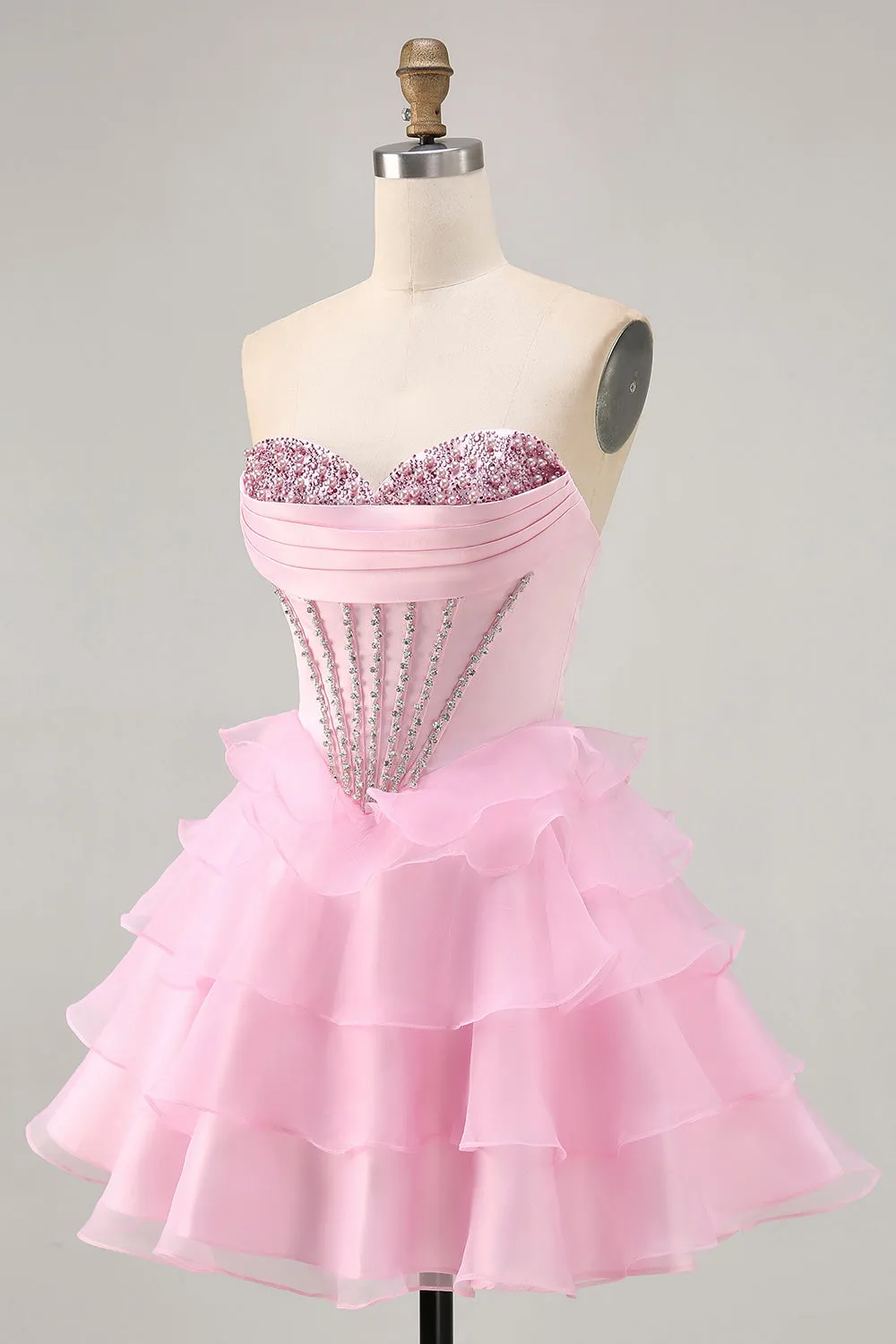 Tiered Beaded A Line Strapless Short Pink Homecoming Dress sold by Zapaka product image thumbnail 3