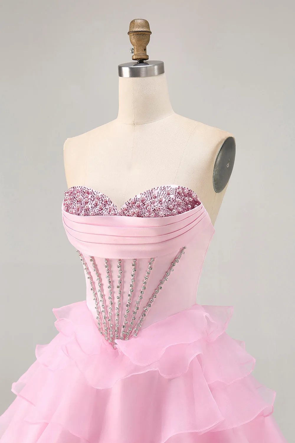 Tiered Beaded A Line Strapless Short Pink Homecoming Dress sold by Zapaka product image thumbnail 5
