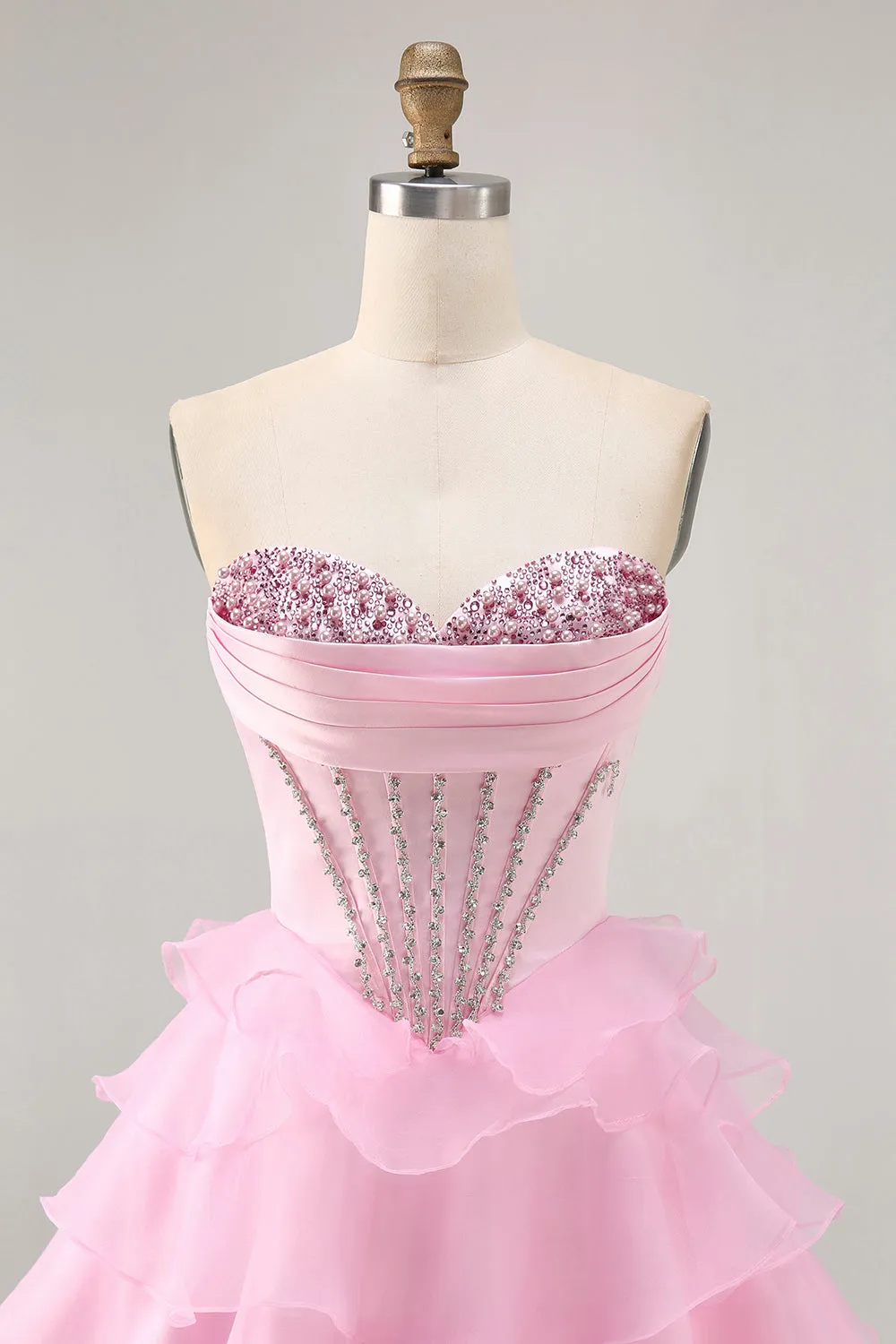 Tiered Beaded A Line Strapless Short Pink Homecoming Dress sold by Zapaka product image thumbnail 4