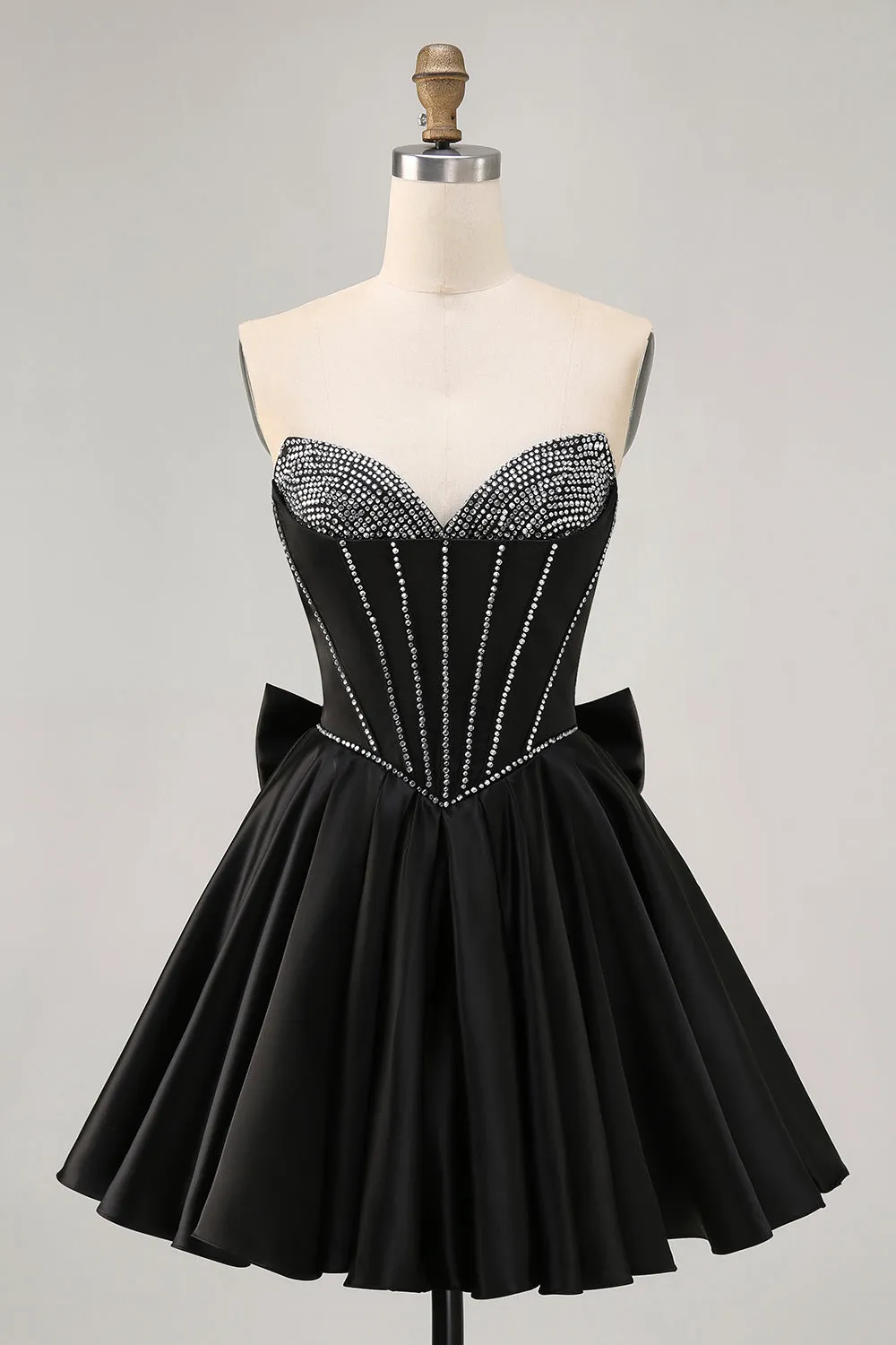 Black A-Line Strapless Beaded Short Homecoming Dress with Bow sold by Zapaka