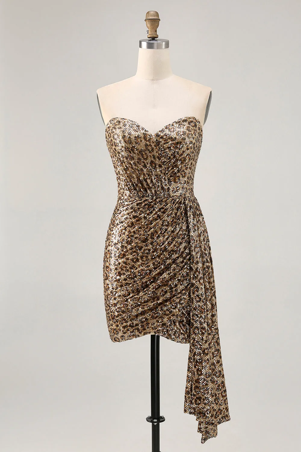 Khaki Leopard Ruched Strapless Short Homecoming Dress with Streamer sold by Zapaka