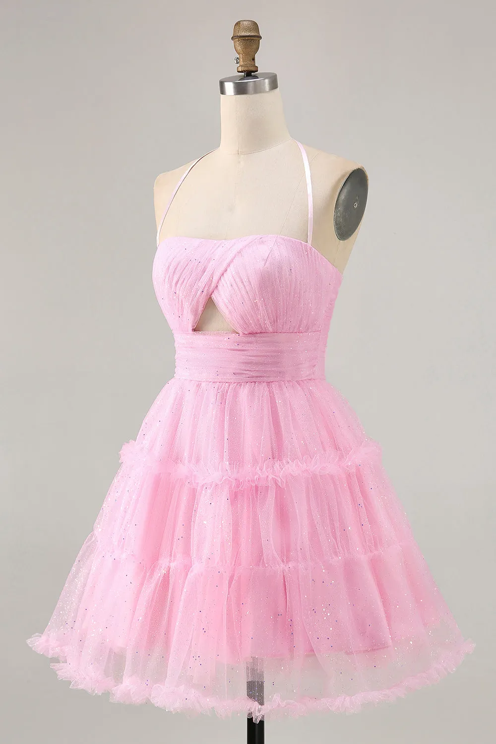Glitter Halter Cut Out Pink Ruffled A-Line Homecoming Dress sold by Zapaka product image thumbnail 3