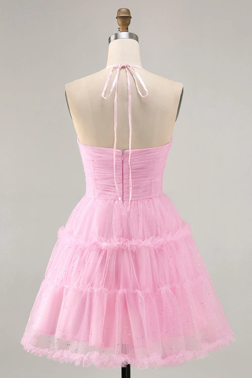 Glitter Halter Cut Out Pink Ruffled A-Line Homecoming Dress sold by Zapaka product image thumbnail 2