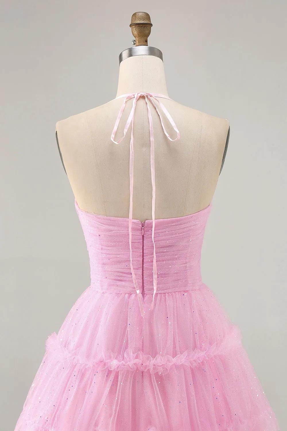 Glitter Halter Cut Out Pink Ruffled A-Line Homecoming Dress sold by Zapaka product image thumbnail 5