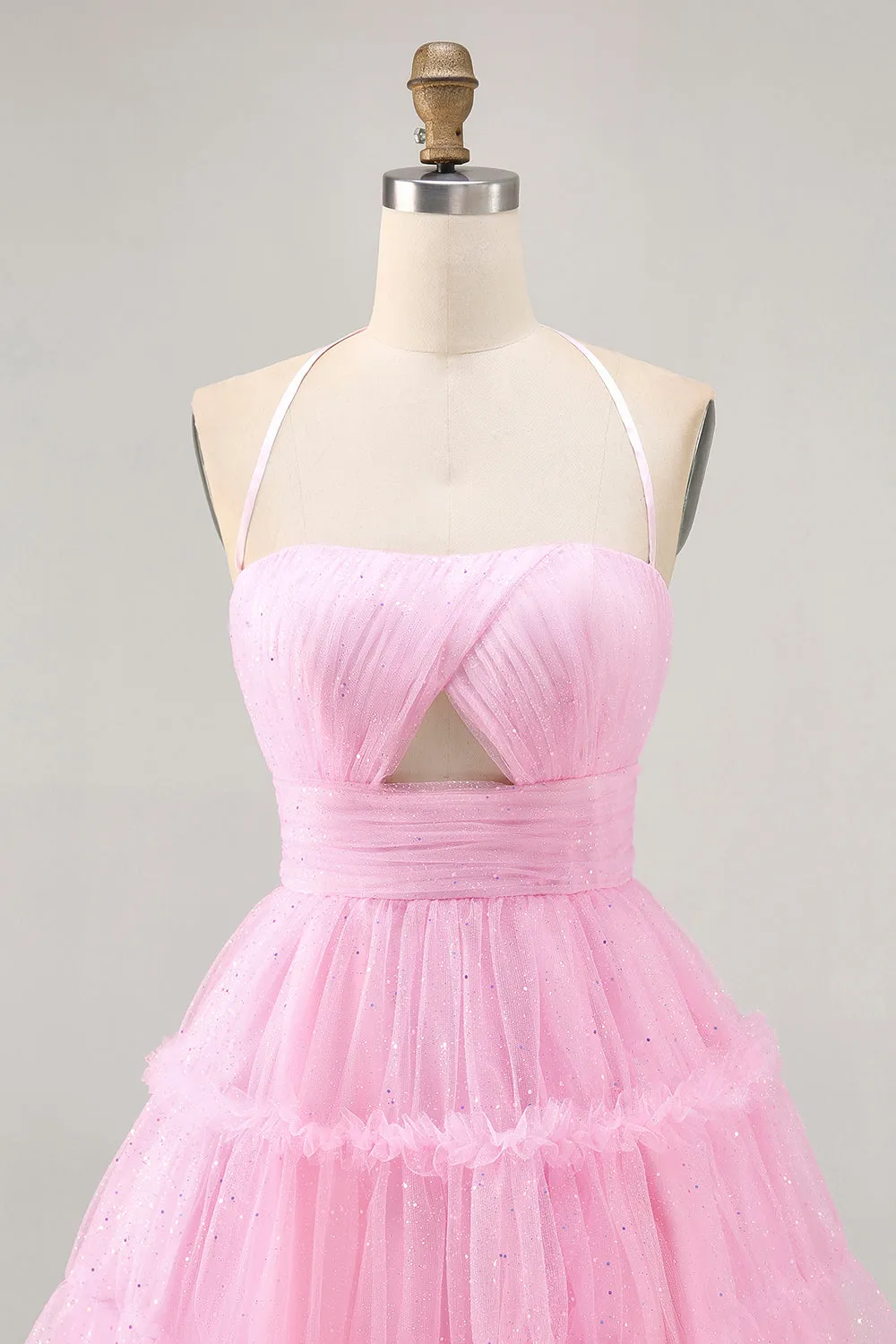 Glitter Halter Cut Out Pink Ruffled A-Line Homecoming Dress sold by Zapaka product image thumbnail 4