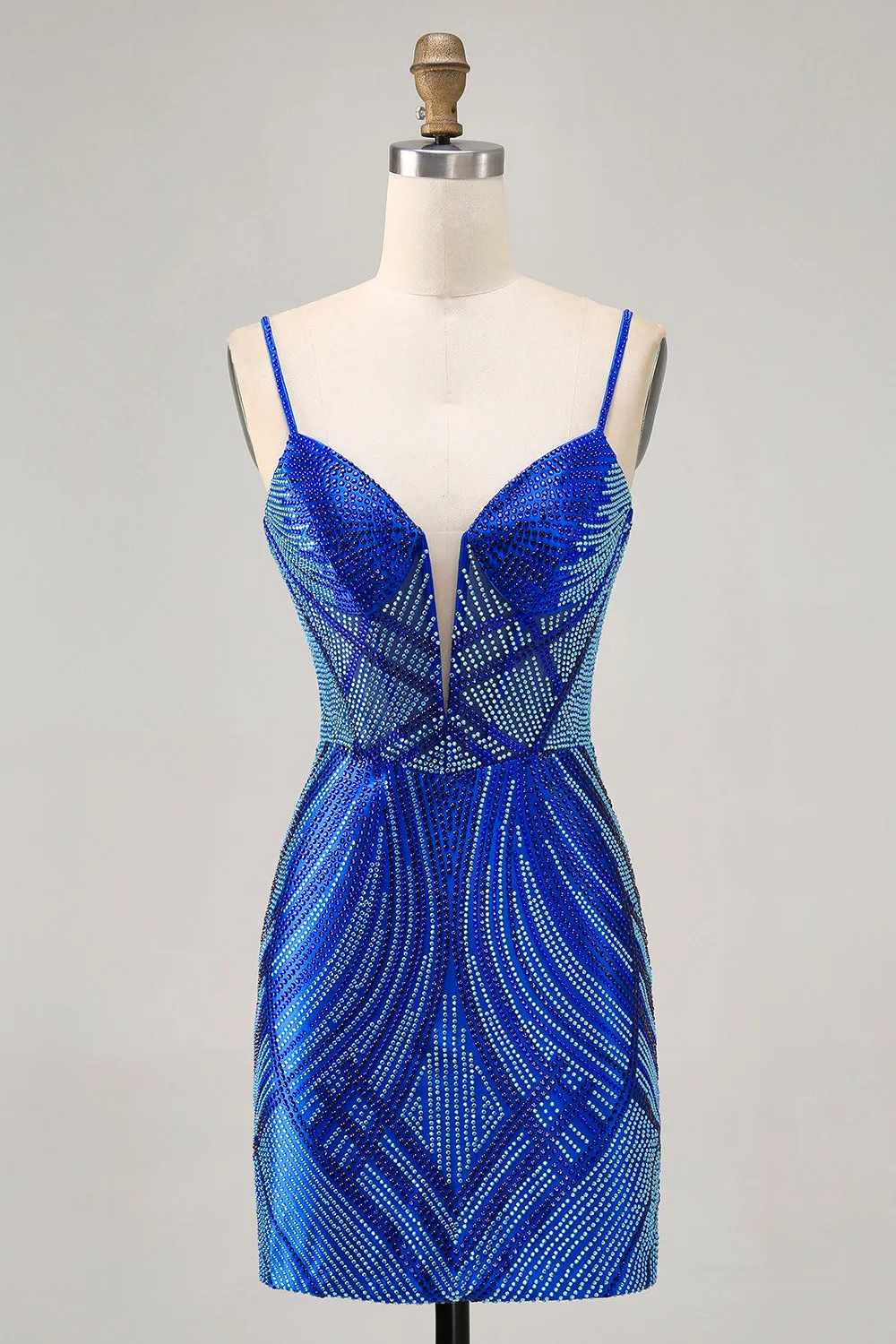 Sparkly Royal Blue Spaghetti Straps Tight Short Homecoming Dress with Beading sold by Zapaka