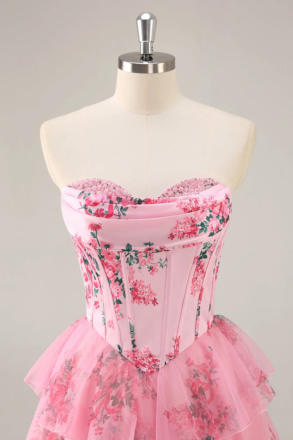 A-Line Cowl Neck Sweetheart Corset Tiered Pink Flower Short Homecoming Dress sold by Zapaka product image thumbnail 4
