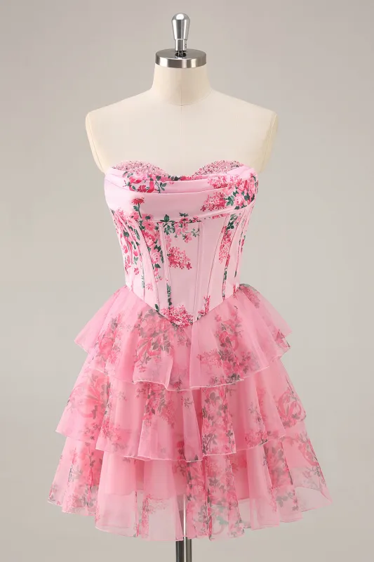A-Line Cowl Neck Sweetheart Corset Tiered Pink Flower Short Homecoming Dress sold by Zapaka