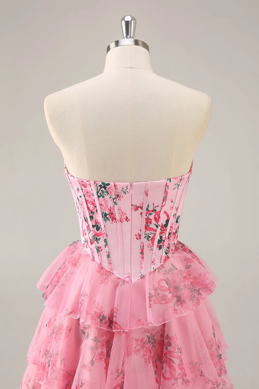 A-Line Cowl Neck Sweetheart Corset Tiered Pink Flower Short Homecoming Dress sold by Zapaka product image thumbnail 5