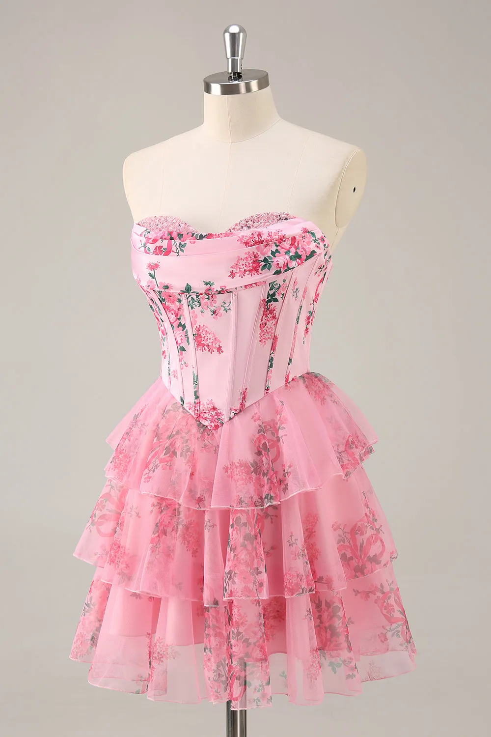 A-Line Cowl Neck Sweetheart Corset Tiered Pink Flower Short Homecoming Dress sold by Zapaka product image thumbnail 3