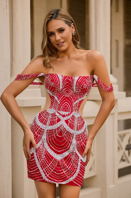 Red Off the Shoulder Bodycon Homecoming Dress with Sequins sold by Zapaka