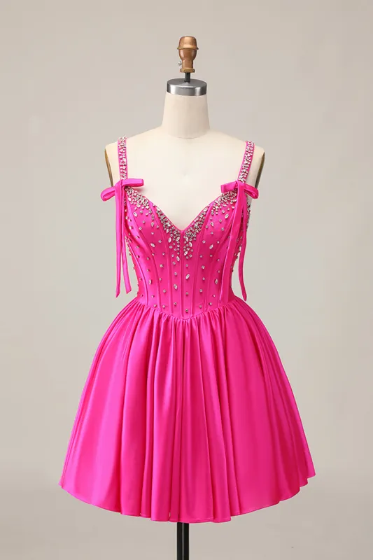 Fuchsia A-Line Corset Satin Homecoming Dress with Rhinestones sold by Zapaka