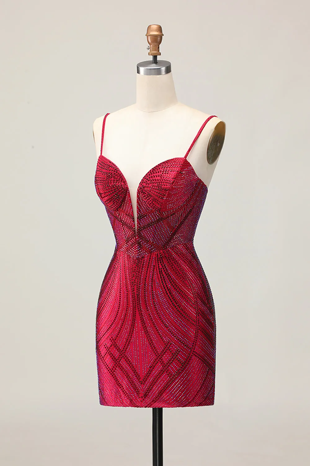 Sparkly Burgundy Bodycon Spaghetti Straps Short Homecoming Dress with Beading sold by Zapaka product image thumbnail 3