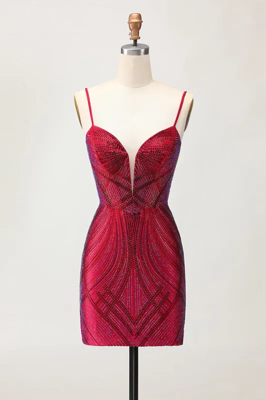 Sparkly Burgundy Bodycon Spaghetti Straps Short Homecoming Dress with Beading sold by Zapaka