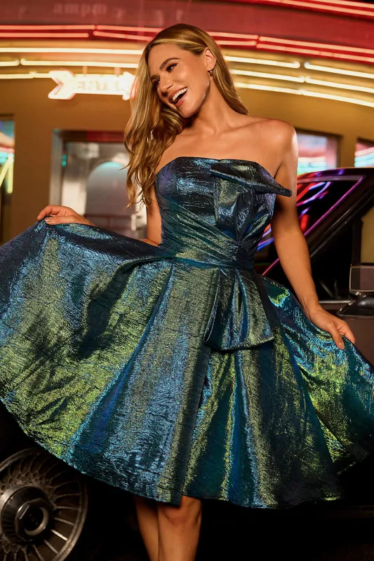 Sparkly Metallic Strapless Peacock Green Ruched A Line Homecoming Dress sold by Zapaka