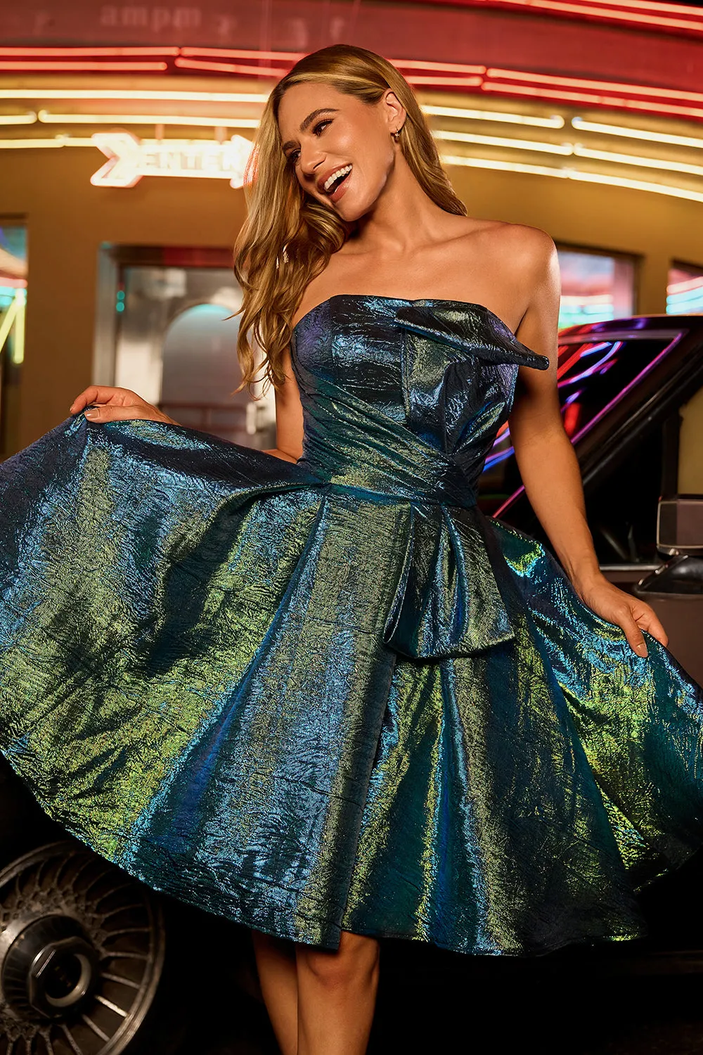 Sparkly Metallic Strapless Peacock Green Ruched A Line Homecoming Dress sold by Zapaka