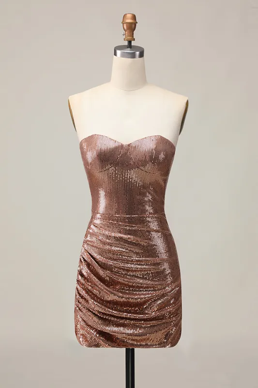 Sparkly Strapless Coffee Ruched Bodycon Homecoming Dress sold by Zapaka