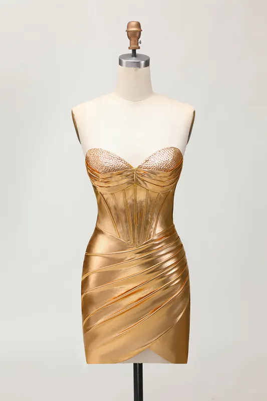 Sparkly Golden Strapless Corset Tight Short Homecoming Dress with Beading sold by Zapaka