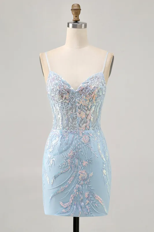Light Blue Bodycon Spaghetti Straps Appliqued Homecoming Dress with Sequins sold by Zapaka