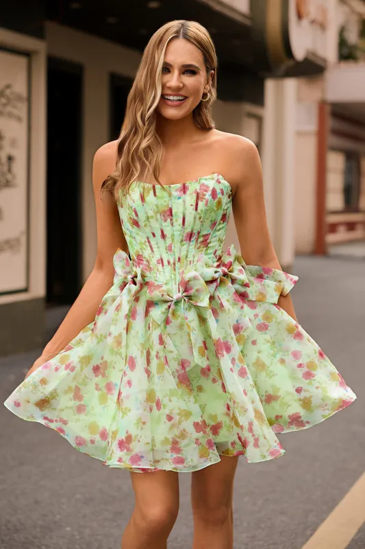 Green Strapless A-Line Floral Corset Homecoming Dress with Bows sold by Zapaka