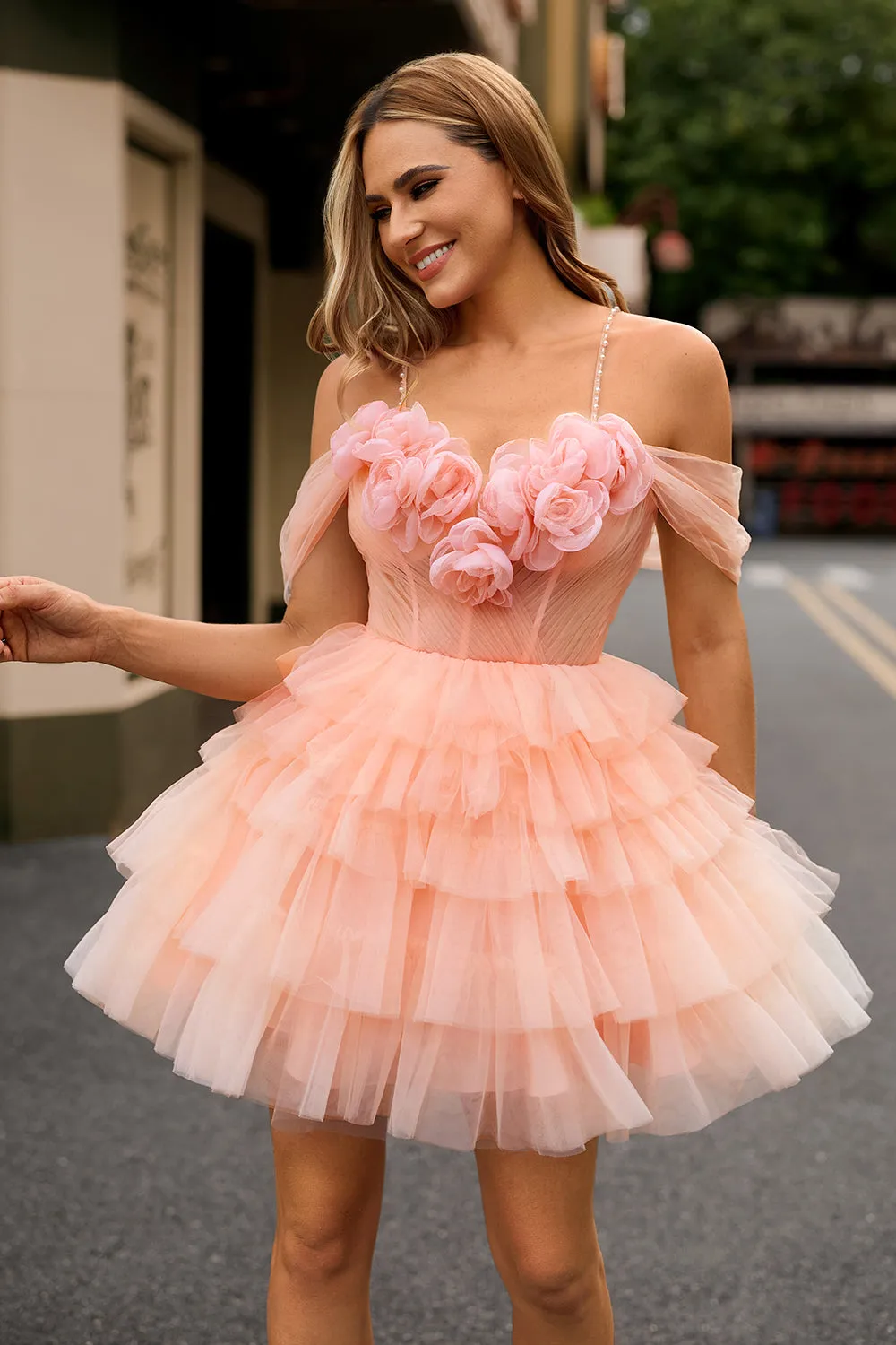 Blush A Line Cold Shoulder Tiered Short Homecoming Dress with 3D Flowers sold by Zapaka product image thumbnail 3