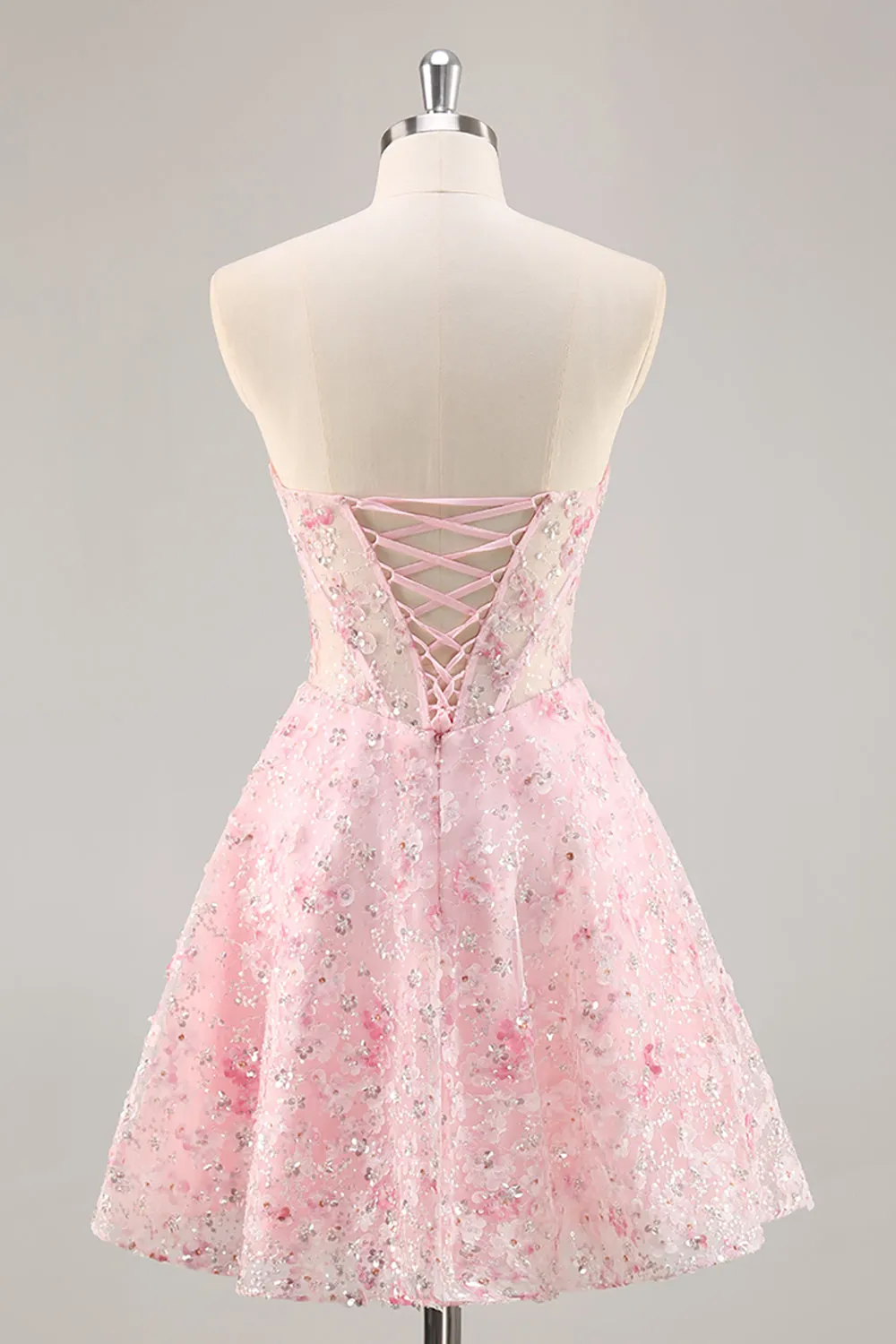 Corset Strapless A Line Pink Floral Homecoming Dress with Appliques sold by Zapaka product image thumbnail 4