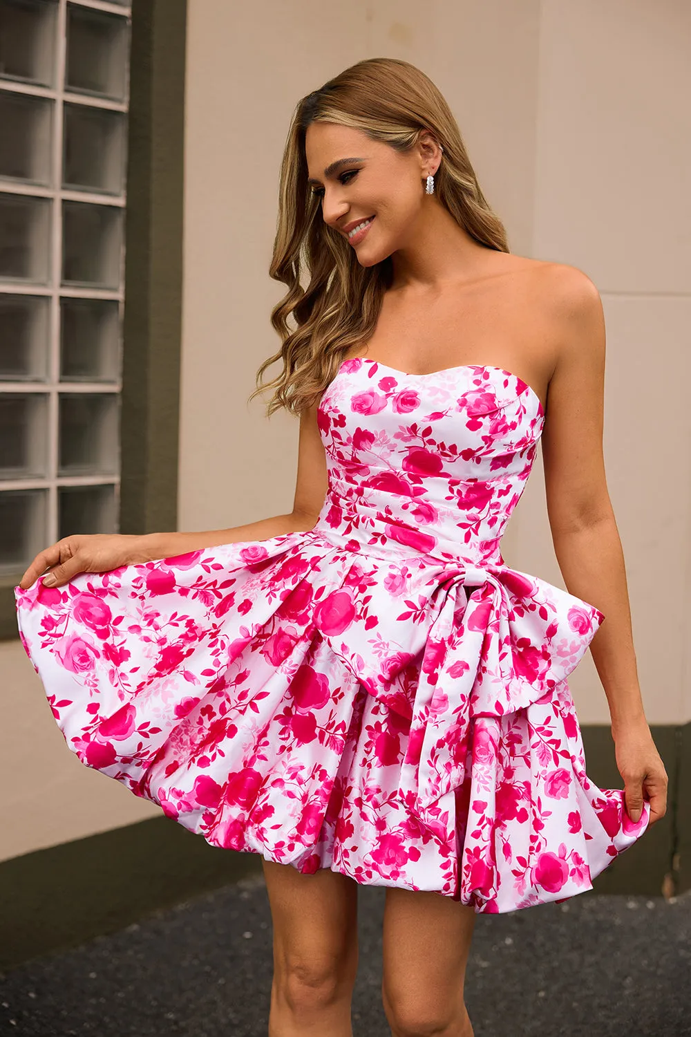Strapless Fuchsia A Line Floral Homecoming Dress with Bow sold by Zapaka product image thumbnail 3