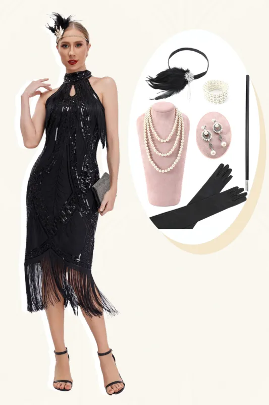 Sparkly Black Round Neck Sequins Fringed 1920s Dress with Accessories Set sold by Zapaka